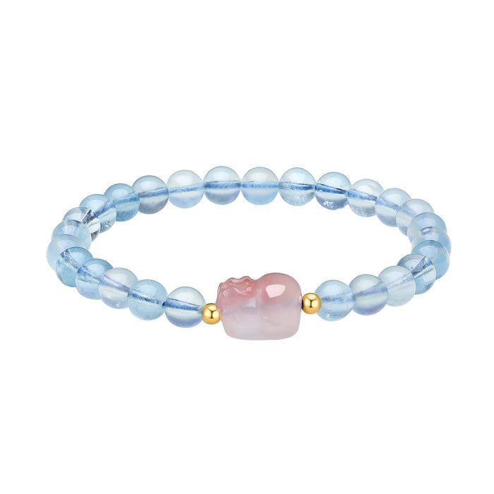 18K Yellow Gold Beaded Bracelet Aquamarine 6-6.5mm Agate   Pixiu 0.02-0.06g C1913746