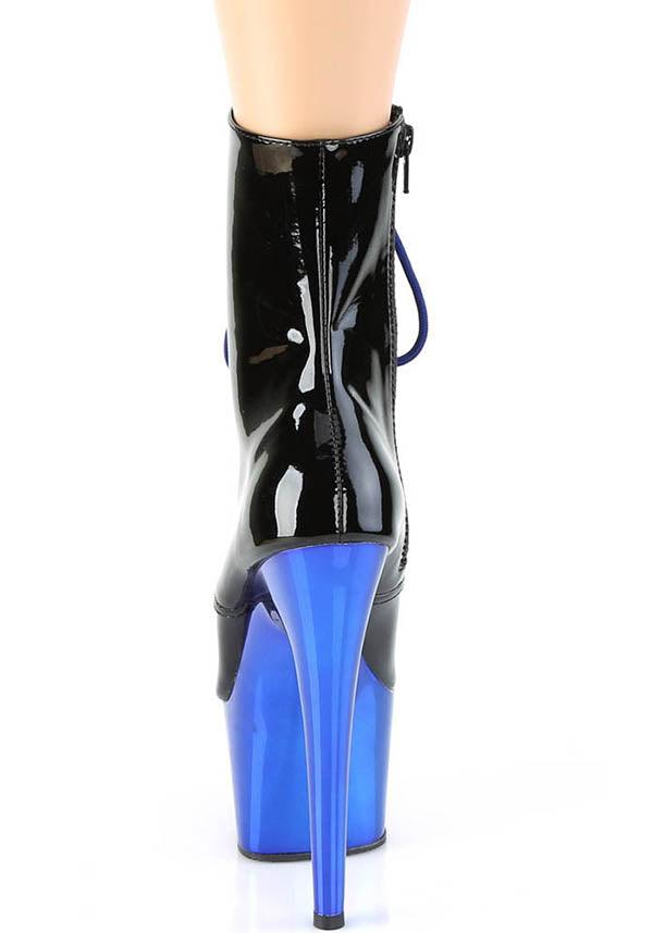 Pleaser ADORE-1020 [Black Patent/Blue Chrome] - Close Up