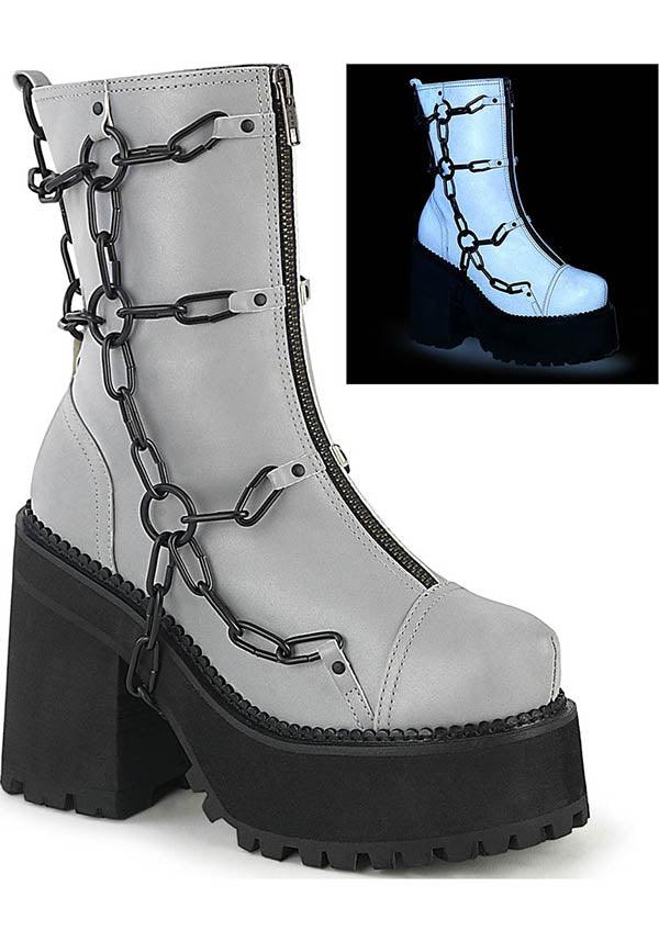 DEMONIA ASSAULT-66 [Grey Reflective] | PLATFORM BOOTS [PREORDER] - BOOTS - Front View