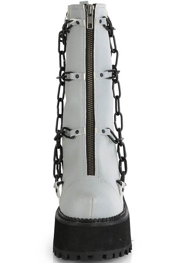 DEMONIA ASSAULT-66 [Grey Reflective] | PLATFORM BOOTS [PREORDER] - BOOTS - Back View
