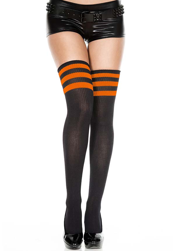 MUSIC LEGS Athletic [Black/Orange] Stripe | THIGH HIGHS - Front