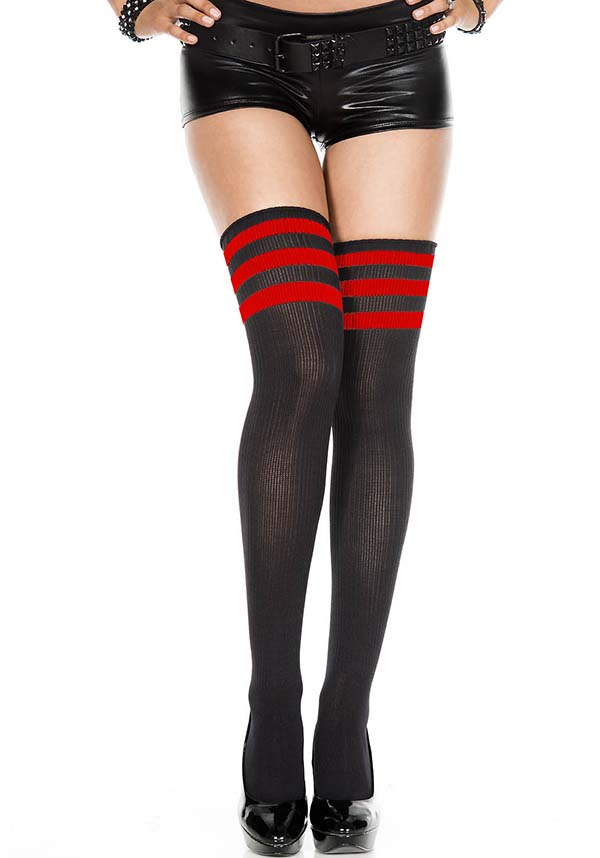 MUSIC LEGS Athletic [Black/Red] Stripe | THIGH HIGHS - Front