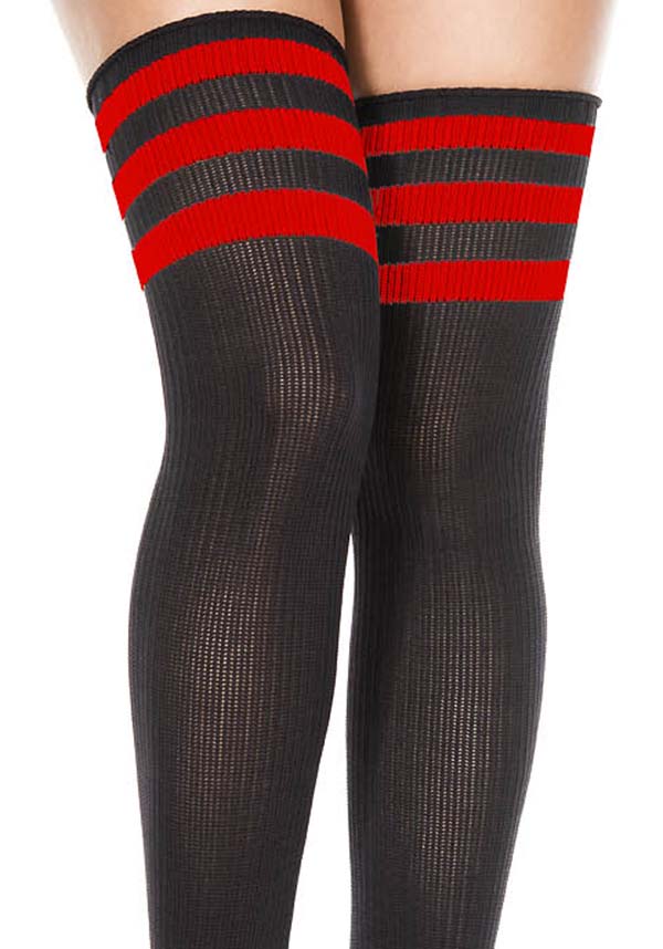 MUSIC LEGS Athletic [Black/Red] Stripe | THIGH HIGHS - Back