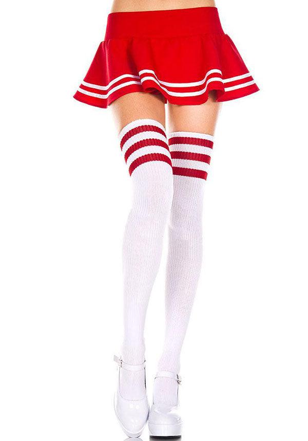 MUSIC LEGS Athletic Striped [White/Red] | THIGH HIGHS - Front