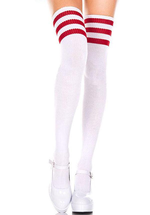 MUSIC LEGS Athletic Striped [White/Red] | THIGH HIGHS - Back