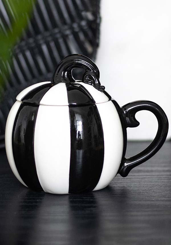 GOTHIC GIFTS Black and White Striped Pumpkin | MUG WITH LID - Front