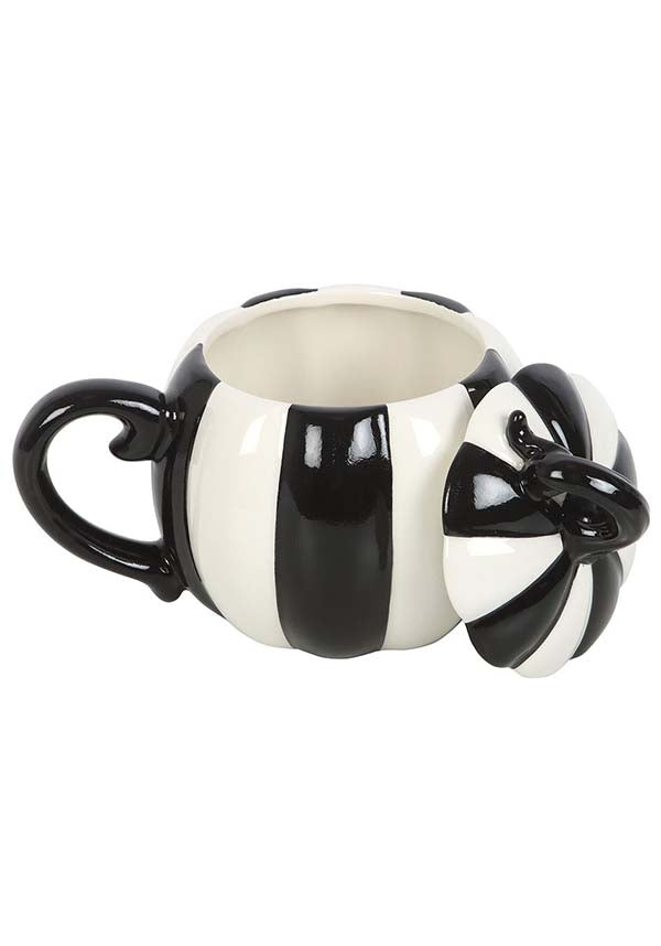 GOTHIC GIFTS Black and White Striped Pumpkin | MUG WITH LID - Back