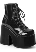 DEMONIA CAMEL-203 [Black Patent] | PLATFORM BOOTS [PREORDER] - BOOTS - Front View