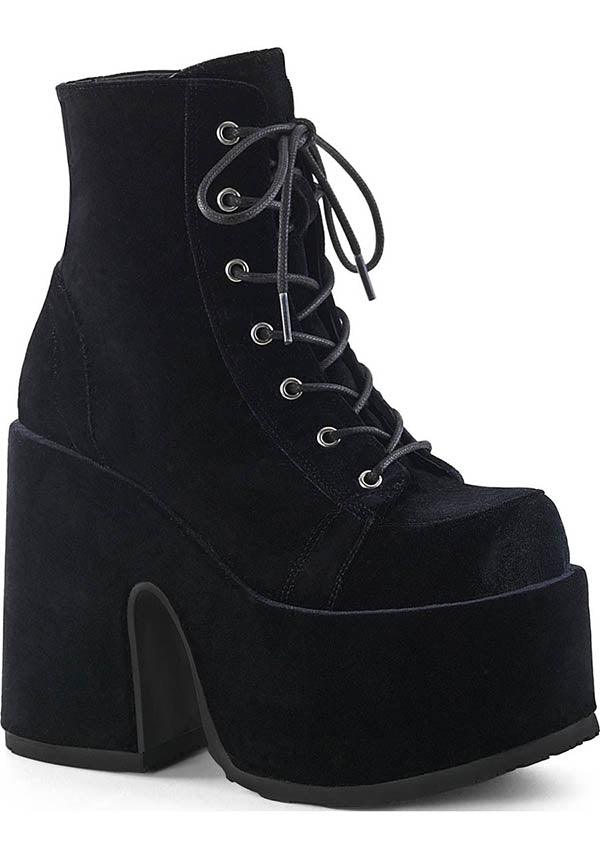 DEMONIA CAMEL-203 [Black Velvet] | PLATFORM BOOTS [PREORDER] - BOOTS - Front View