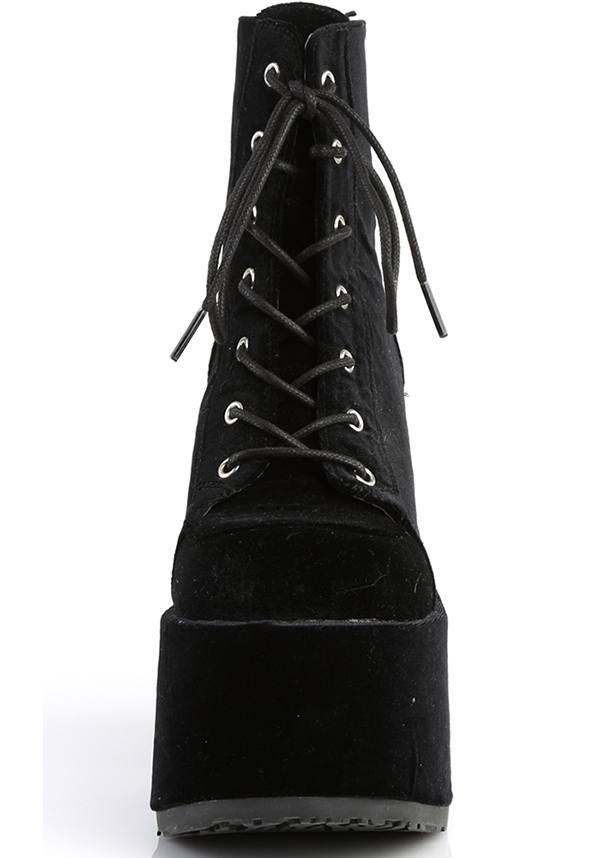 DEMONIA CAMEL-203 [Black Velvet] | PLATFORM BOOTS [PREORDER] - BOOTS - Back View
