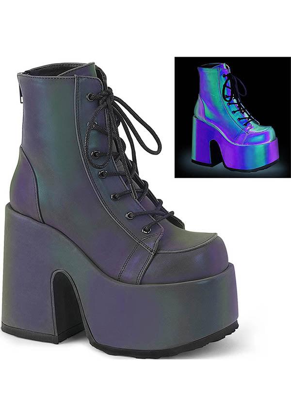 DEMONIA CAMEL-203 [Green Multi Reflective] | PLATFORM BOOTS [PREORDER] - BOOTS - Front View