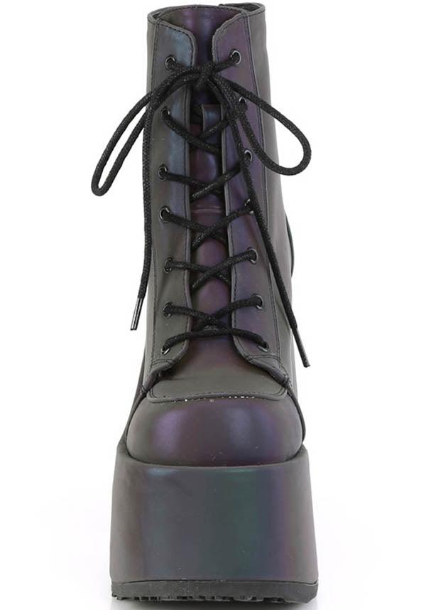 DEMONIA CAMEL-203 [Green Multi Reflective] | PLATFORM BOOTS [PREORDER] - BOOTS - Back View