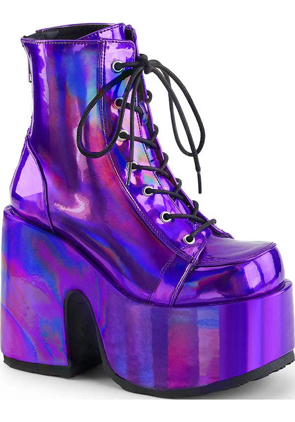 DEMONIA CAMEL-203 [Purple Holo] | PLATFORM BOOTS [PREORDER] - BOOTS - Front View