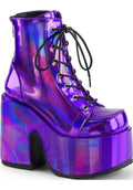 DEMONIA CAMEL-203 [Purple Holo] | PLATFORM BOOTS [PREORDER] - BOOTS - Front View