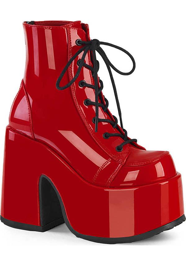 DEMONIA CAMEL-203 [Red Patent] | PLATFORM BOOTS [PREORDER] - BOOTS - Front View