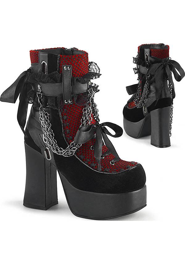 DEMONIA CHARADE-110 [Black Velvet/Red] | BOOTS [PREORDER] - BOOTS - Front View