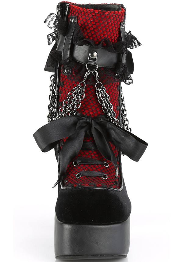 DEMONIA CHARADE-110 [Black Velvet/Red] | BOOTS [PREORDER] - BOOTS - Back View