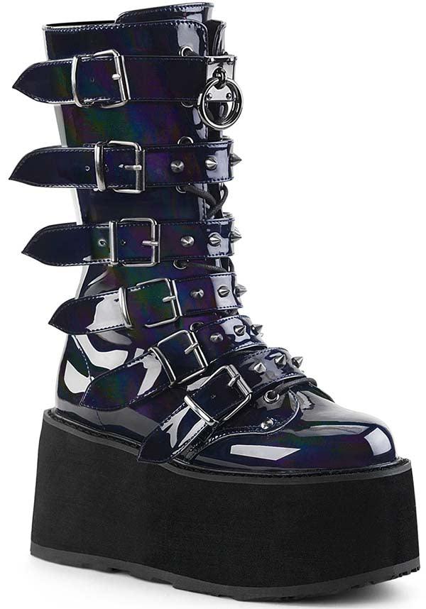 DEMONIA DAMNED-225 [Black Holo] | PLATFORM BOOTS [PREORDER] - BOOTS - Front View