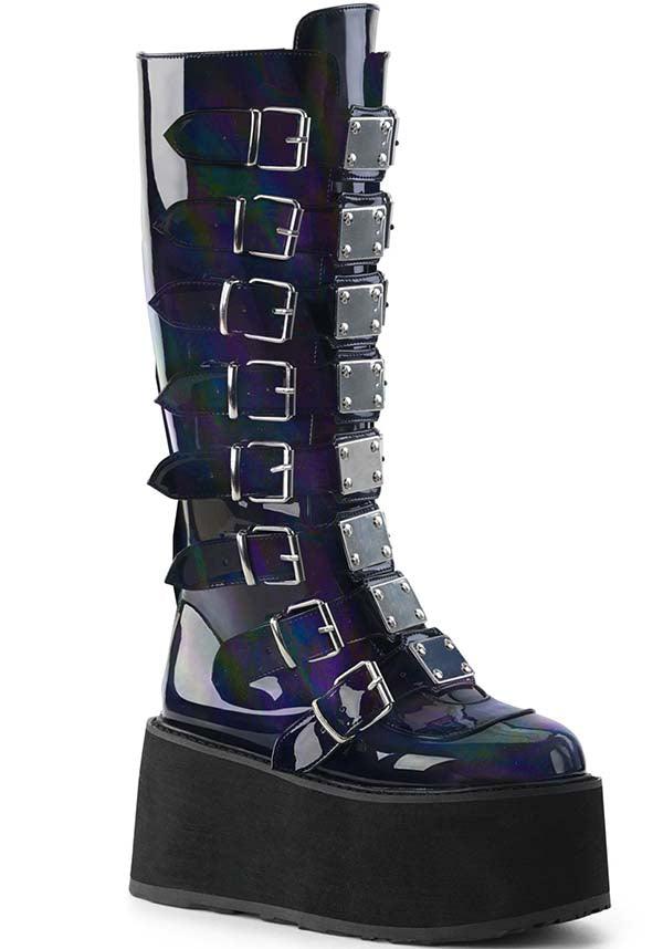 DEMONIA DAMNED-318 [Black Hologram] | PLATFORM BOOTS [PREORDER] - BOOTS - Front View