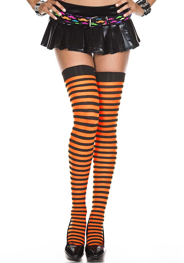 MUSIC LEGS Opaque Striped [Black/Neon Orange] | THIGH HIGH - Front