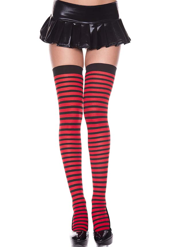 MUSIC LEGS Opaque Striped [Black/Red] | THIGH HIGH - Front