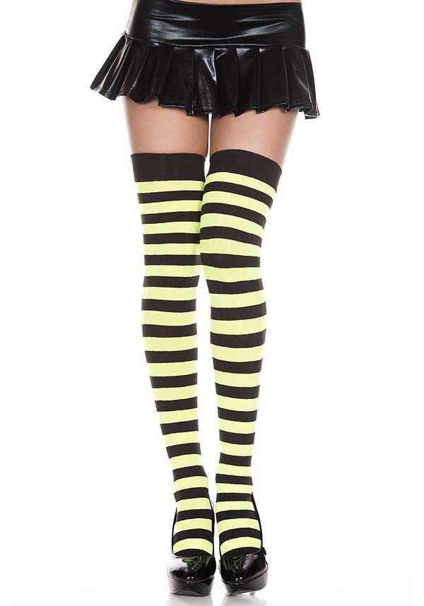 MUSIC LEGS Opaque Wide Stripe [Black/Neon Green] | THIGH HIGH - Front
