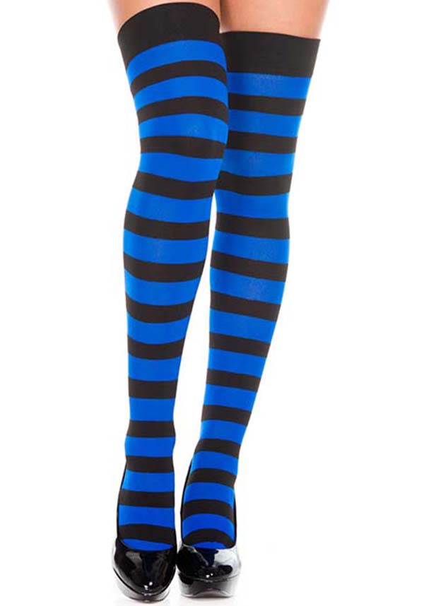 MUSIC LEGS Opaque Wide Stripe [Black/Royal Blue] | THIGH HIGH - Back