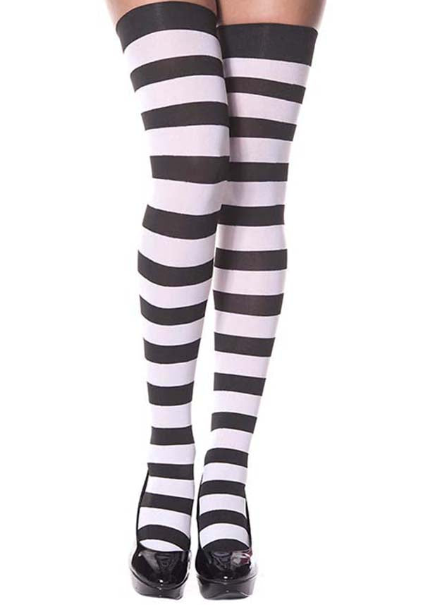MUSIC LEGS Opaque Wide Stripe [Black/White] | THIGH HIGH - Back
