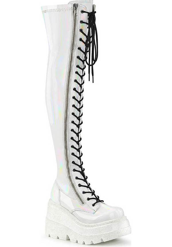 DEMONIA SHAKER-374 [White Hologram] | PLATFORM BOOTS [PREORDER] - PLATFORM BOOTS - Front View