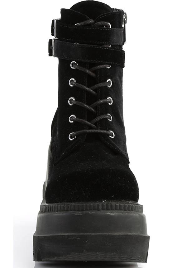 DEMONIA SHAKER-52 [Black Velvet] | PLATFORM BOOTS [PREORDER] - BOOTS - Back View