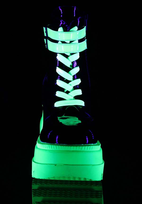 DEMONIA SHAKER-52 [Black/UV Green] | PLATFORM BOOTS [PREORDER] - BOOTS - Back View