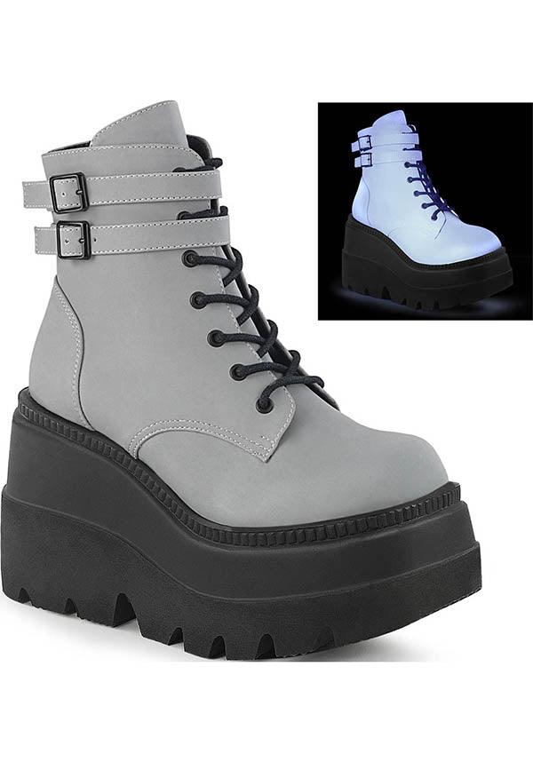 DEMONIA SHAKER-52 [Grey Reflective] | PLATFORM BOOTS [PREORDER] - BOOTS - Front View
