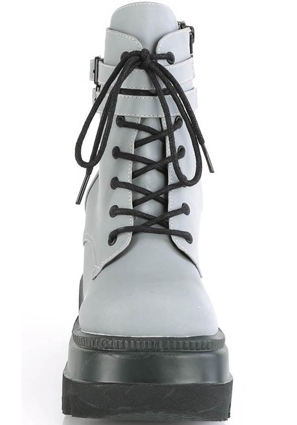 DEMONIA SHAKER-52 [Grey Reflective] | PLATFORM BOOTS [PREORDER] - BOOTS - Back View