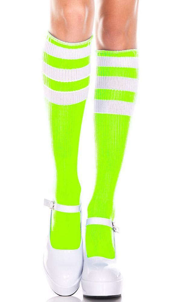 MUSIC LEGS Triple Stripe [Neon Green/White] | KNEE HIGH SOCKS - Front